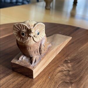Carved Wooden Owl Doorstop - Rustic Brown